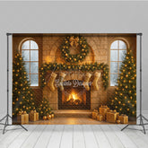 Aperturee - Aperturee Cozy Christmas Stone Fireplace Photography Backdrop Stockings and Trees Snowy Window Holiday Background